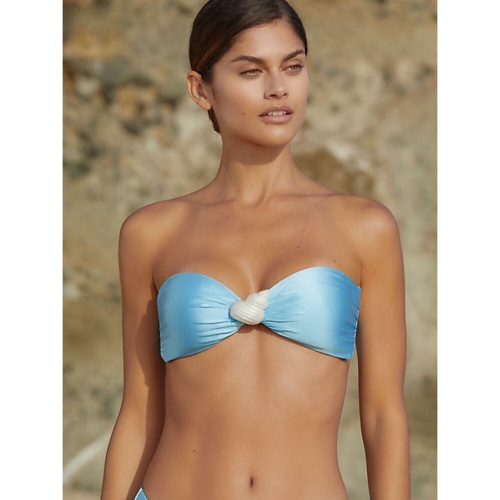 l*space Sky Blue Bandeau Bikini Top with seashell & gold metal D ring bottom M
